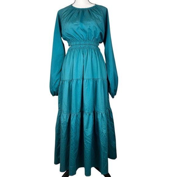 NEW She + Sky Maxi Dress Small Teal Tiered Back Cutout Open Back Puff Sleeves - Picture 2 of 12
